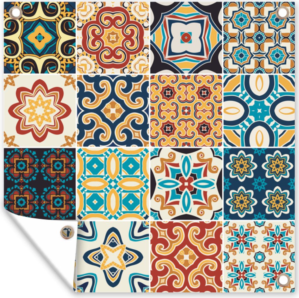 MuchoWow 50x50 cm Outdoor-Poster Gartendeko Sichtschutz Garten Poster für den Garten Blumen - Vintage - Muster - Blau - Orange