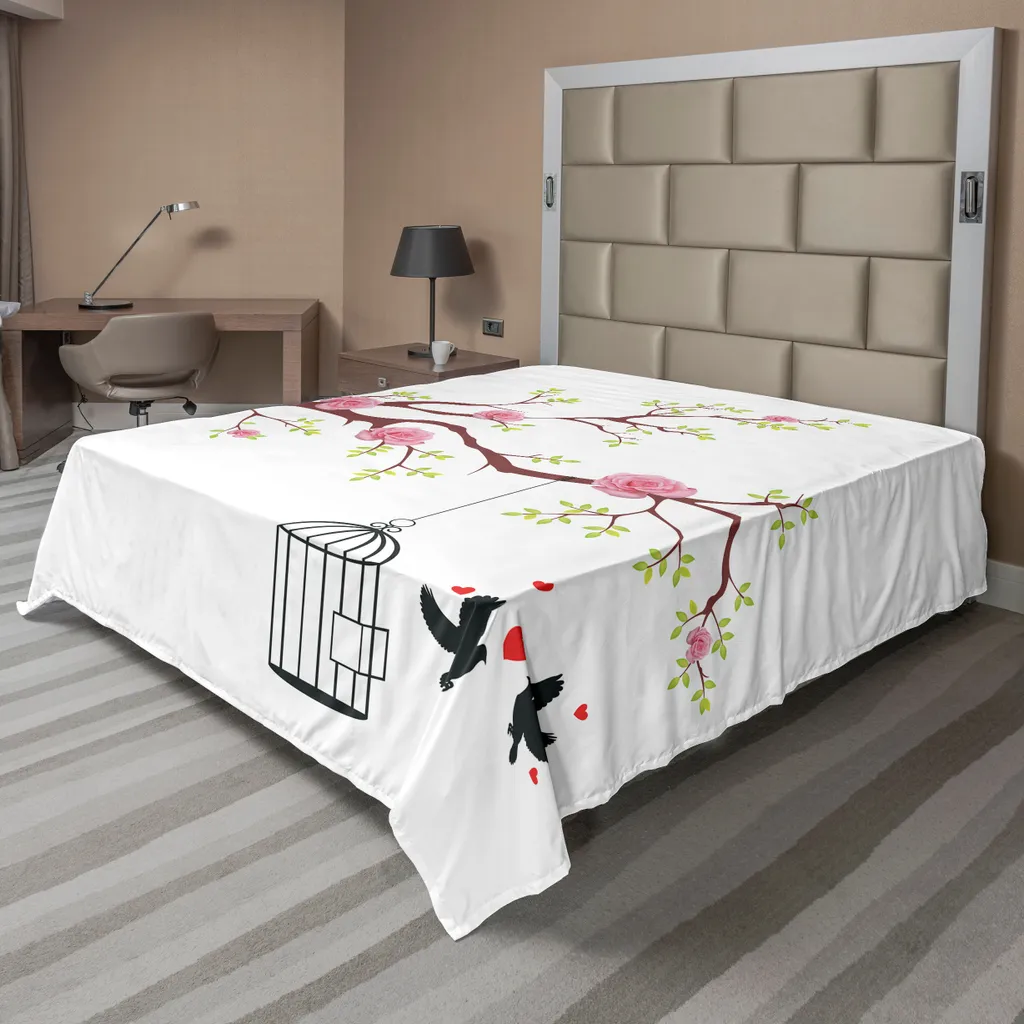 Drap plat décoratif imprimé fleurs et cœurs, 244x205cm rose et blanc