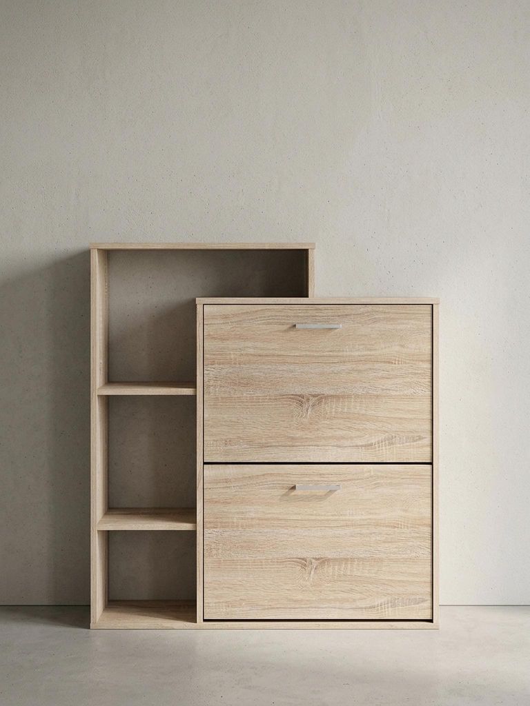 Moderner Schuhkipper MASSA Holz 2 Fächer Sonoma Eiche 12 Paar Schuhe, Schuhschrank 85 x 24 x 93 cm, Schuhkommode Flur mit Ablage Regal