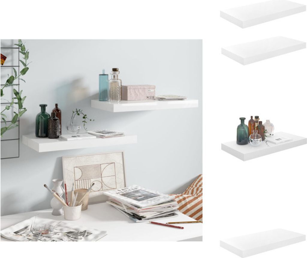 vidaXL Schweberegale 2 Stk. Hochglanz-Weiß 50x23x3,8 cm MDF - Wandregale