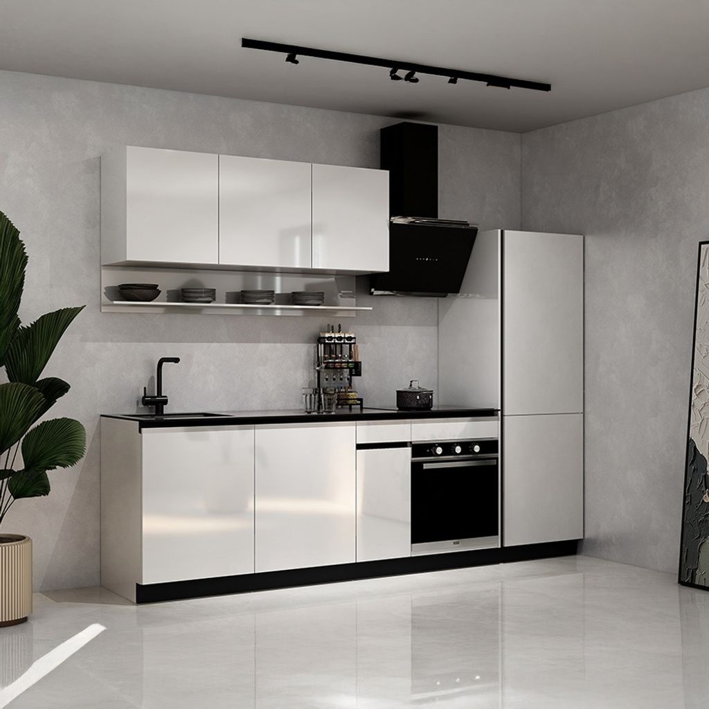 HOME DELUXE Küche PORTOFINO Weiß Hochglanz Rechts Arbeitsplatte Grey Stone- Ohne E-Geräte