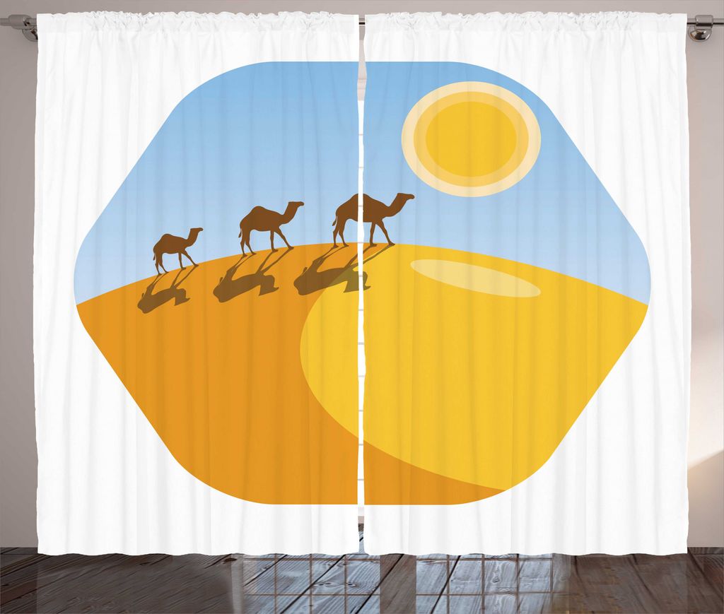 ABAKUHAUS ägyptisch Rustikaler Gardine, Kamele auf Wüste Cartoon, Wohnzimmer Universalband Gardinen mit Schlaufen und Haken, 280 x 225 cm, Weiß ...
