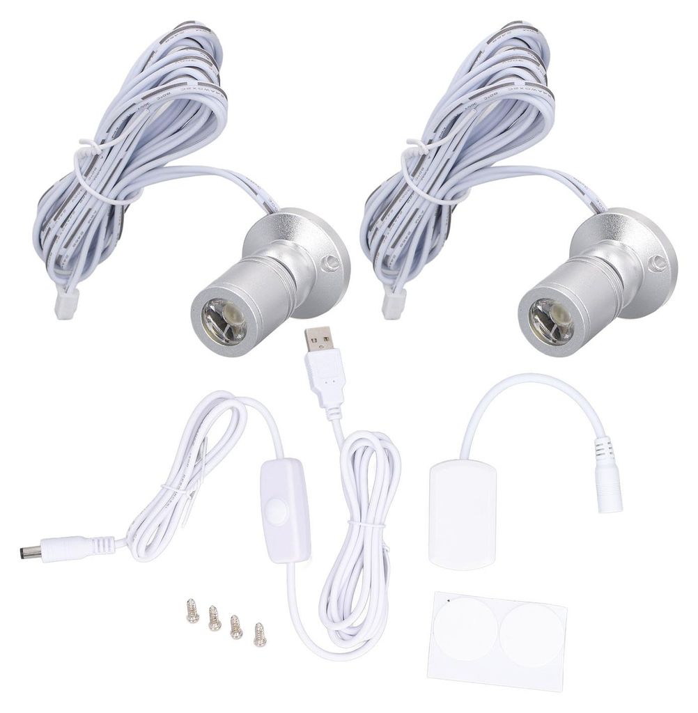 Dimmbarer Mini-Strahler, 5 V, LED, 1 bis 2 Spotlichter mit Dimmer, für Präsentation, Schmuck, Schrank, Veranda, Silber, natürliches Licht