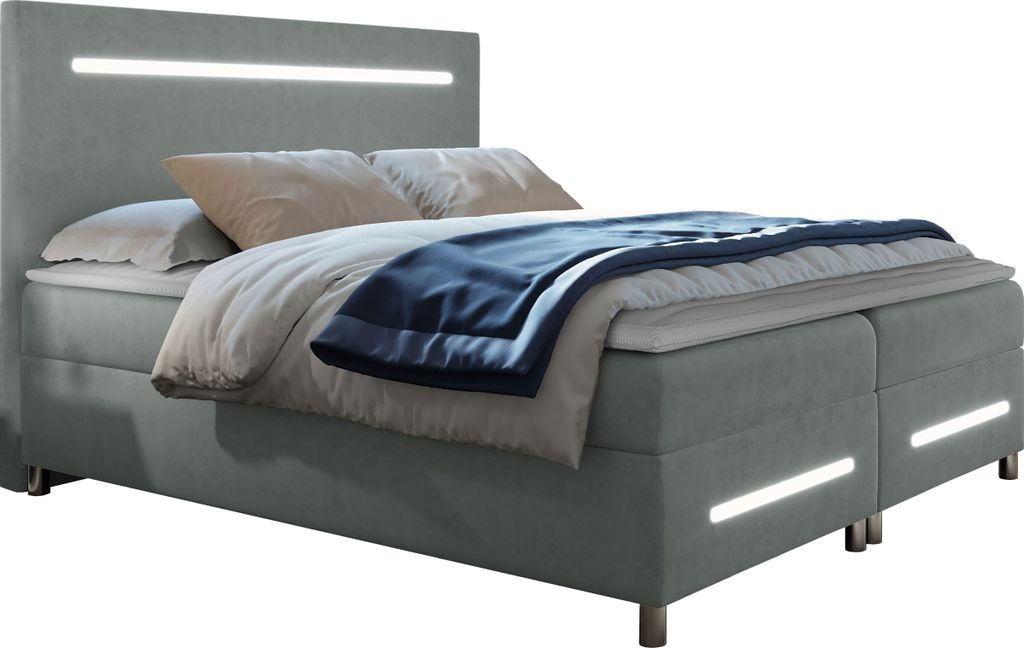 MIRJAN24 Boxspringbett Enter LED, Ehebett mit Hauptmatratze, Topper und LED-Beleuchtung, zwei Bettkästen (Fresh 33, Größe: 140x200 cm)
