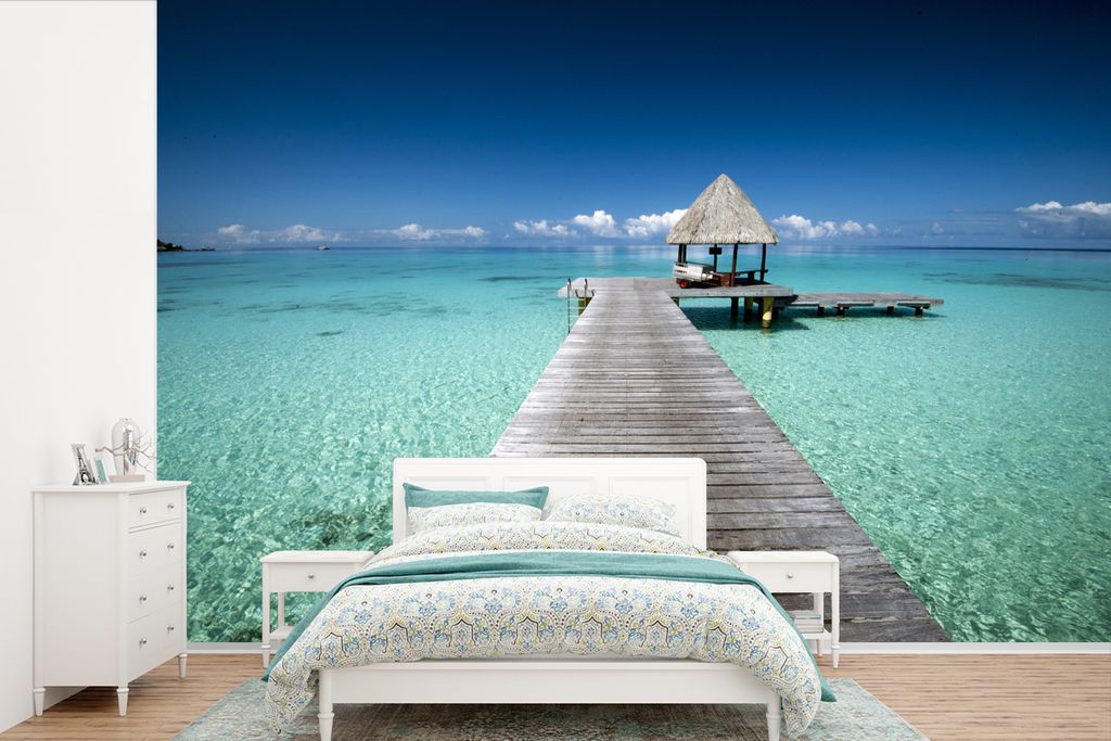MuchoWow Fototapete für Wohnzimmer oder Schlafzimmer Wandtapete Vinyl Motivtapete Steg in Französisch-Polynesien - 525x350 cm - Das Hintergrund...