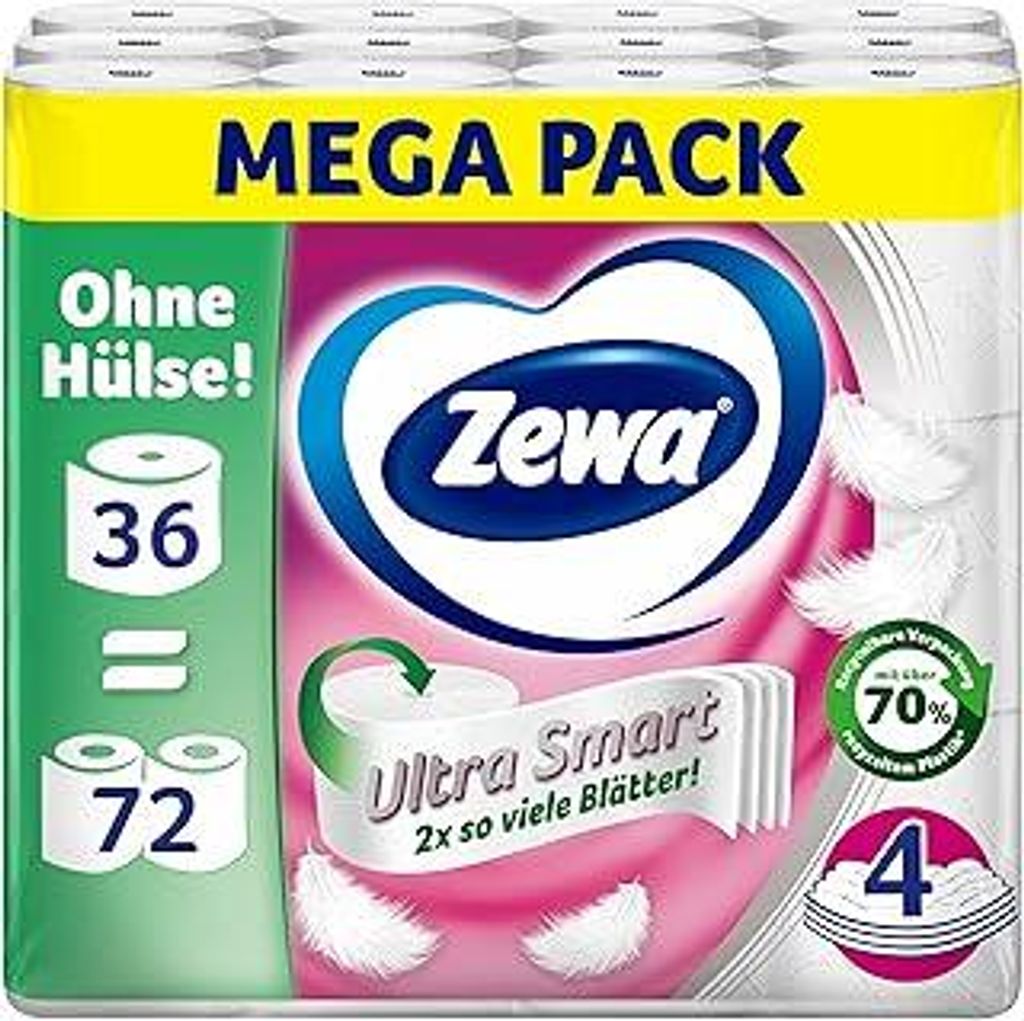 Zewa Ultra Smart Toilettenpapier Großpackung, 36 Rollen á 280 Blatt, Riesenrolle, 4-lagig, hell