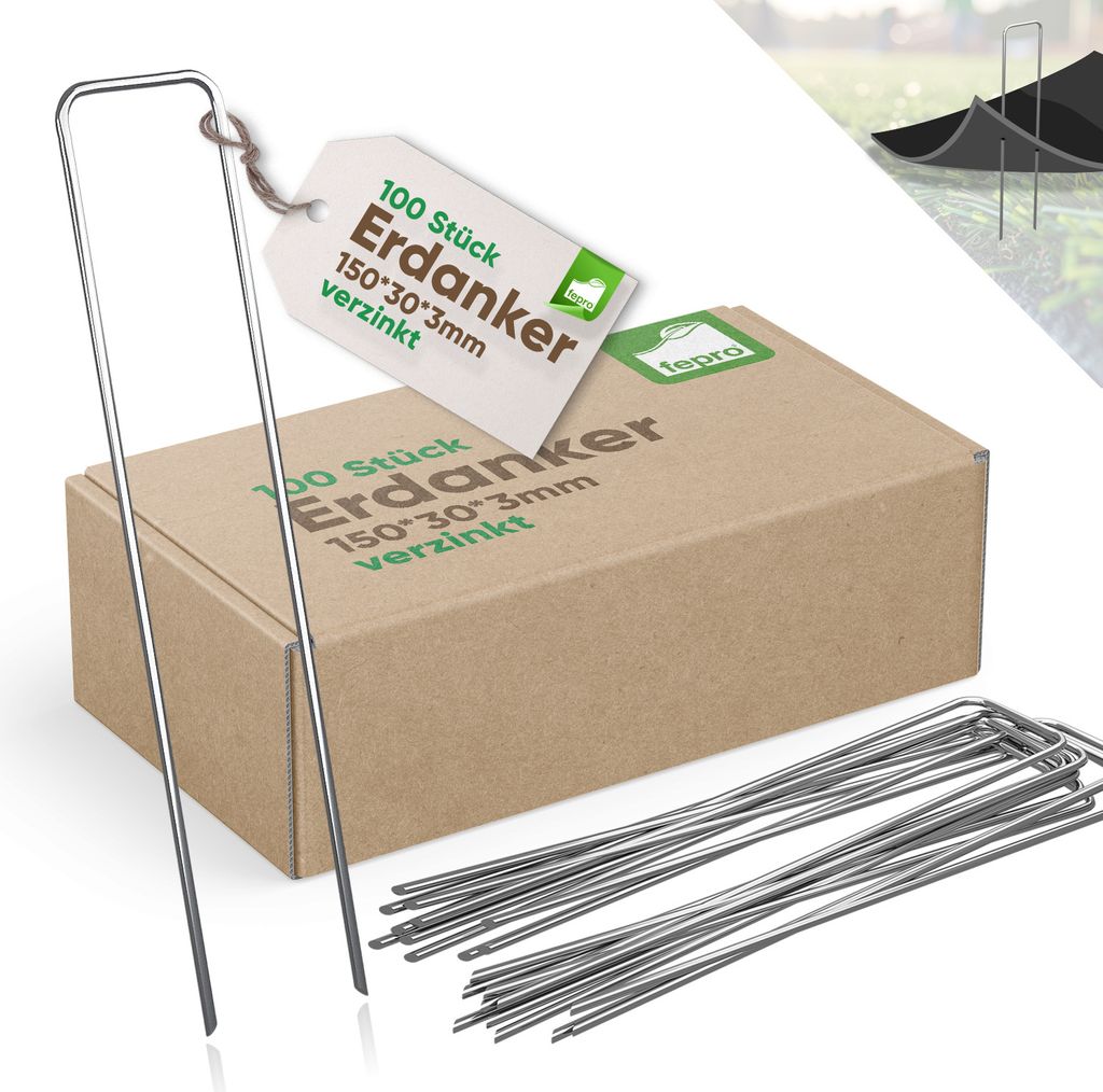 Fepro 100x Erdanker verzinkter Stahl 150mm x 30mm Ø 2,7mm Unkrautvlies Gartenvlies Erdnägel Zeltanker Heringe Bodenanker Trampolin Zaun Garten ...