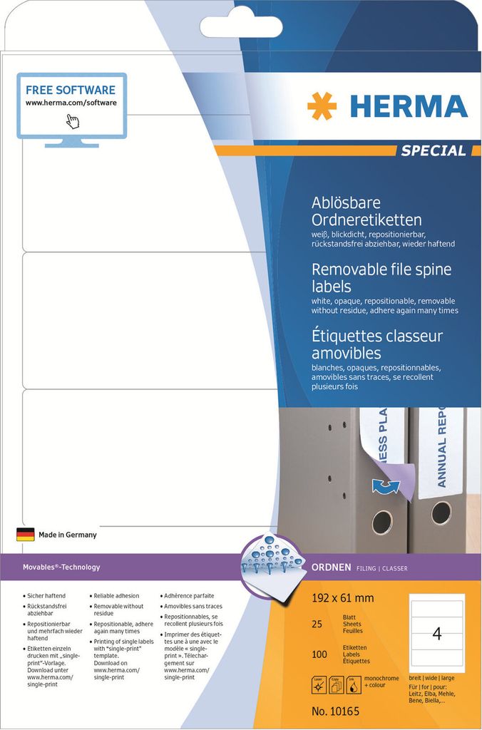 HERMA - Rückenetikett 10165 breit 61x192mm ablösbar weiß Produktbild 