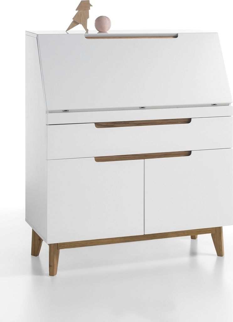 Sekretär Schreibtisch Schrank weiß matt MDF Asteiche Produktbild 