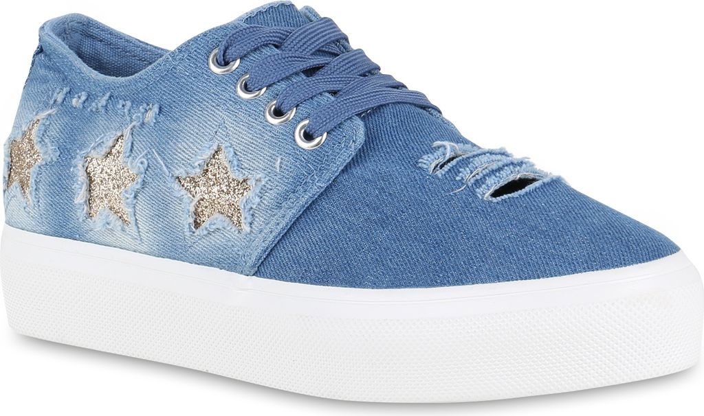 Mytrendshoe Damen Denim Plateau Sneaker Metallic Sterne Glitzer Used Look 816205, Farbe: Hellblau, Größe: 40
