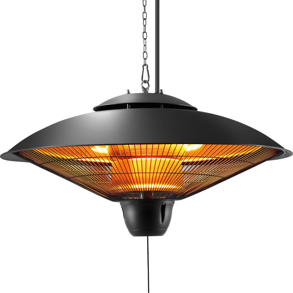 A black hanging infrared heater with glowing orange heating elements, suspended by a chain against a white background.