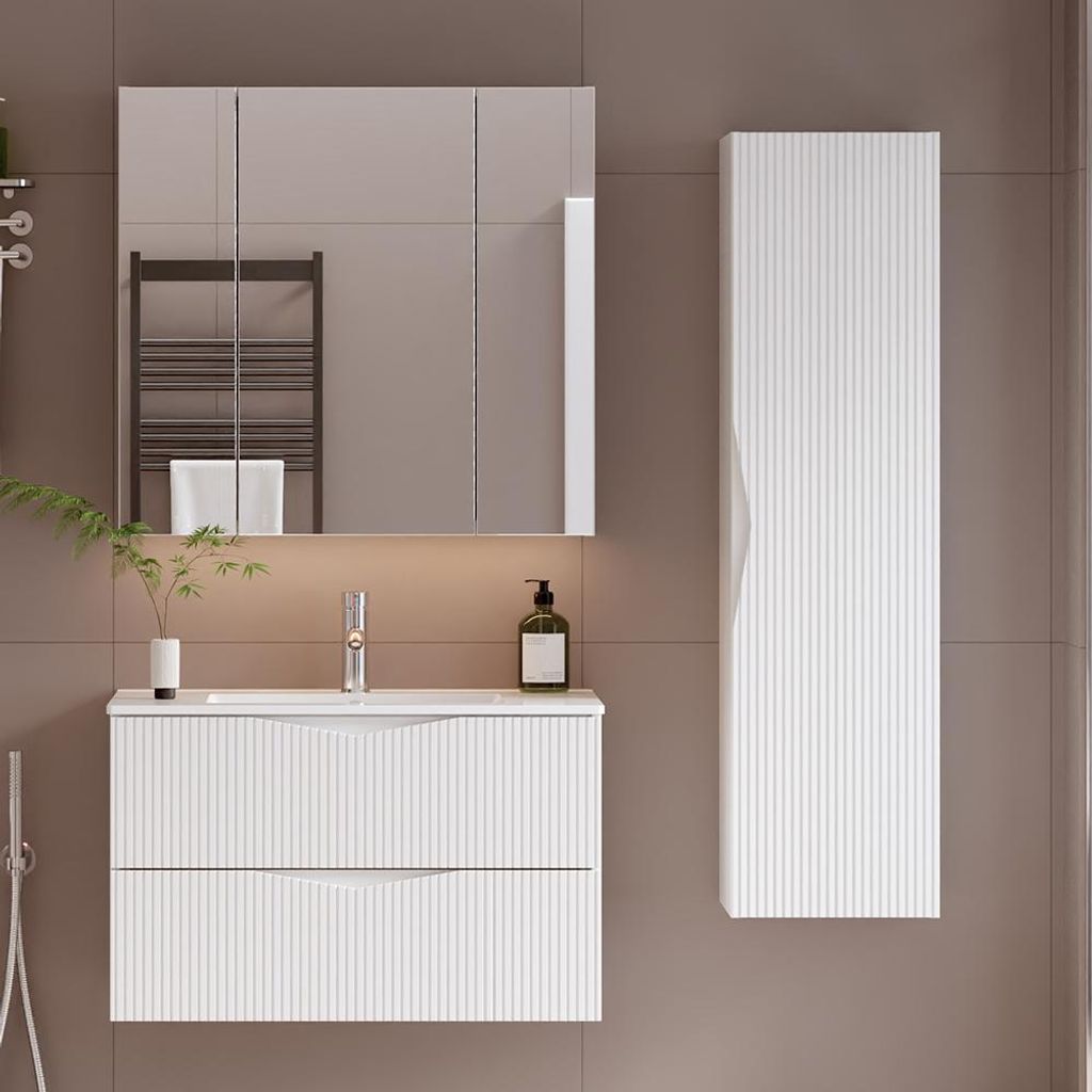 Badmöbel-Set 3-teilig mit 80 cm Waschtisch & Spiegelschrank in weiß mit gerillter Front - CALURI-140