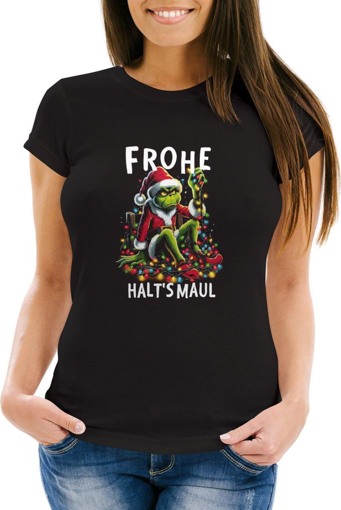 Weihnachtsshirt Damen Spruch T-Shirt Weihnachten Halts Maul Grinch Weihnachtsoutfit Frauen Moonworks