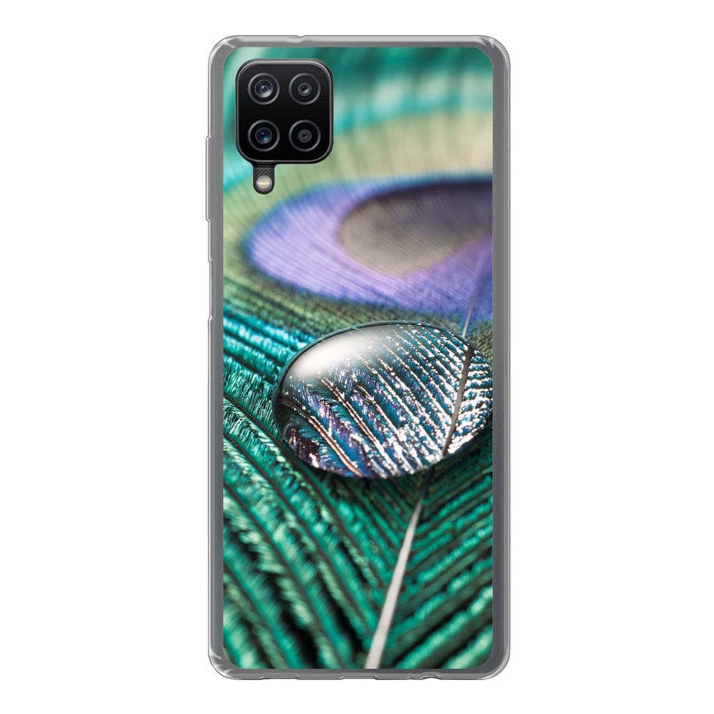 MuchoWow Handyhülle Schutzhülle Hülle für Samsung Galaxy A12 Nahaufnahme eines Wassertropfens auf einer Pfauenfeder Silikon Softcase Handy H...