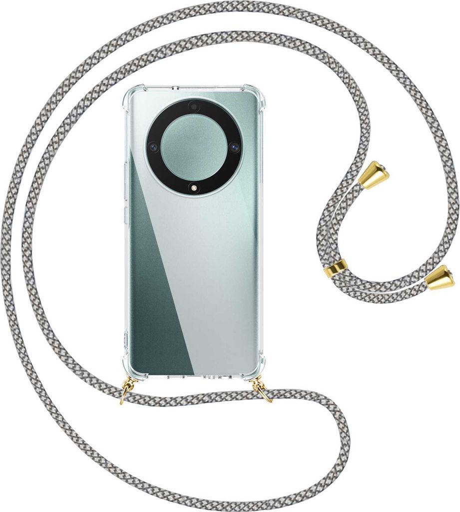 Handykette Backcover-Schutzhülle mit Band (Metall goldfarben) für Honor Magic 5 Lite / X9a (6.67'') - weiß/grau kariert