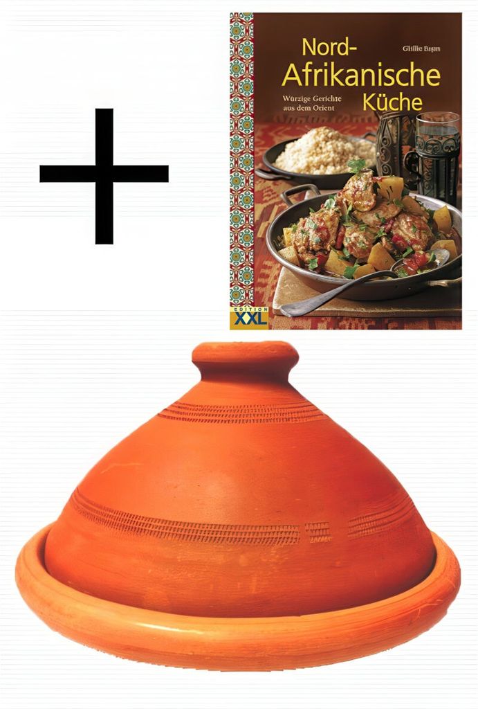 Tajine, original aus Marokko, inklusive Kochbuch Nord Afrikanische Küche, Tontopf zum Kochen, Tuareg Ø 35cm, für 6-8 Personen, handgetöpfert au...