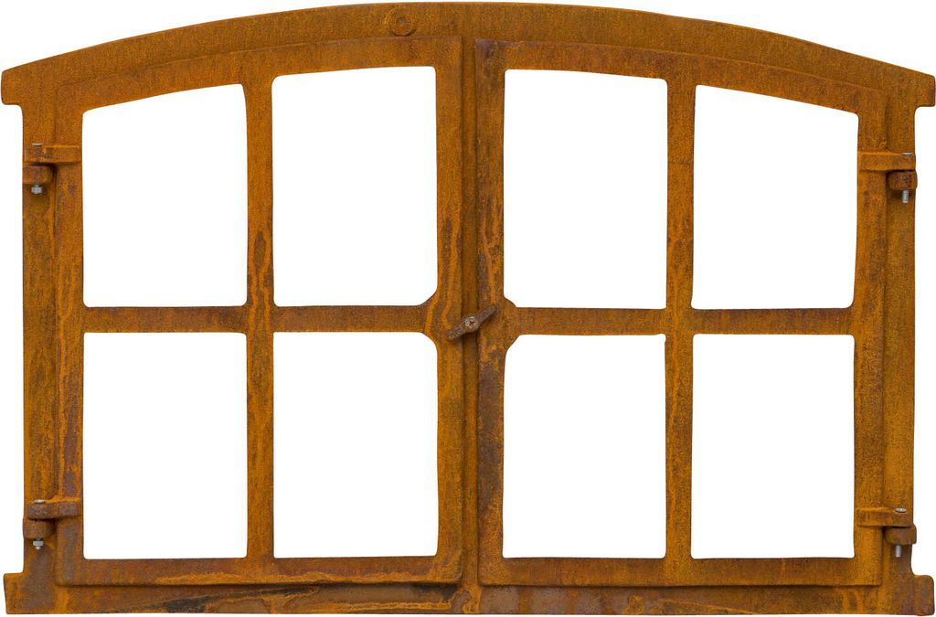 A rustic, rusty metal window frame with multiple panes, presented against a white background.