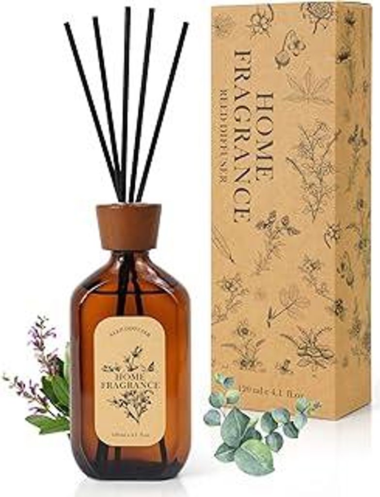 Raumduft Diffuser mit Stäbchen 120 ml - Eukalyptus-Salbei - Natürlich, Langanhaltend, fur Raum, Zuhausem, Büro, Spa mit 6 Duftstäbchen - Raumdu...