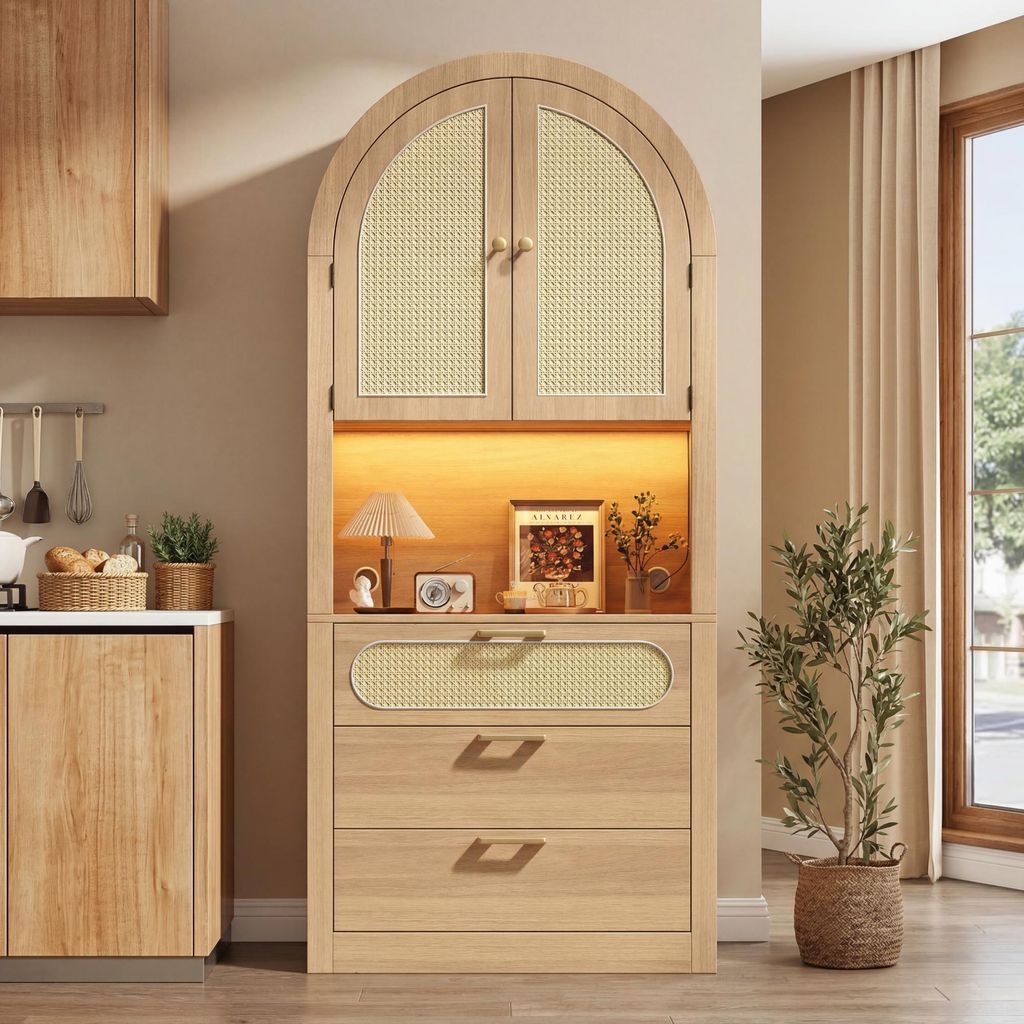 Moderner Vitrinenschrank mit LED, gewölbte Rattantüren, Aufbewahrung, 180 cm hoch, 1 Displayfach, 2 Ablagefächer, 3 Schubladen, für Wohnzimmer ...
