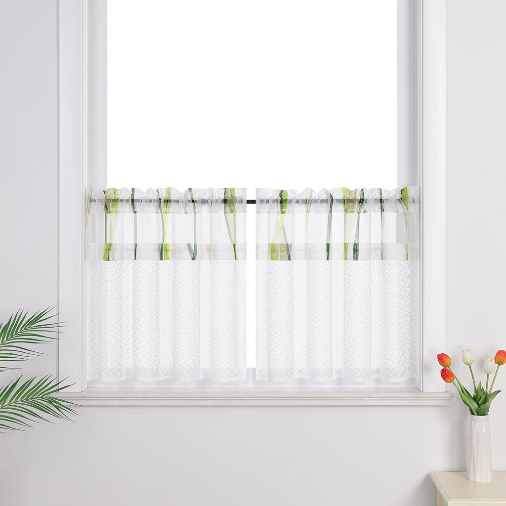 Joyswahl 2er Set Scheibengardine Voile Bistrogardine Küche Gardinen Kurztores mit grün gestreiftem Patchworkmuster Landhausstil Weiß BxH 125x120 cm