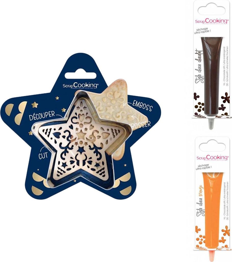 Stern-Relief-Plätzchen-Set + 2 Schokoladenstifte in Braun und Orange