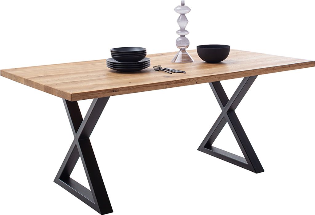 Massivholz-Esstisch 180x100 cm in Wildeiche massiv geölt mit X-Gestell und gerader Kante - DEWEY-06