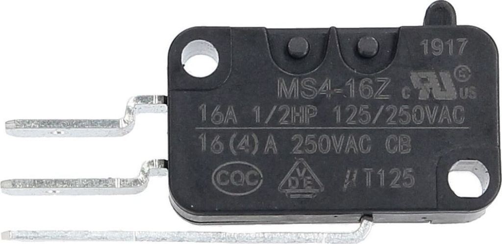 A close-up studio shot of a black and silver microswitch.