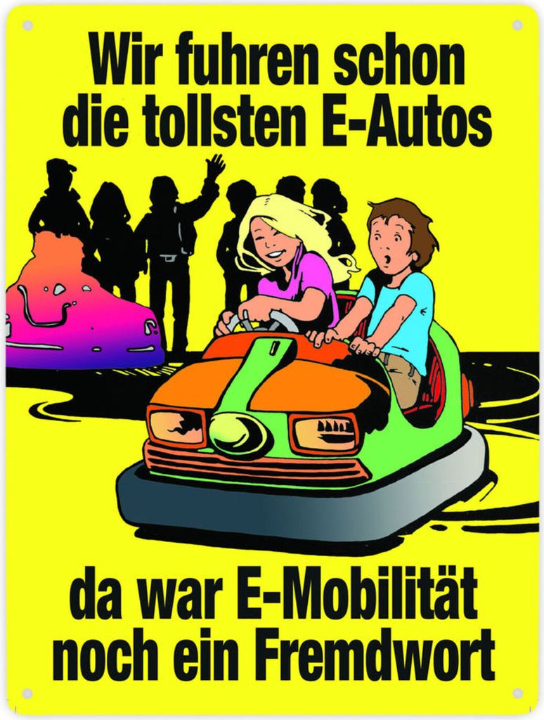 Boxauto als E-Auto Metallschild XXL in 28x38 cm mit Spruch zu E-Mobilität in