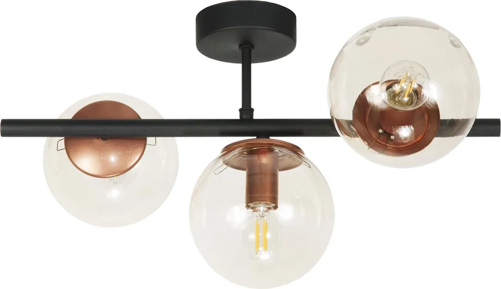 Luminaire de plafond moderne noir et cuivre avec verres ambrés 3 feux