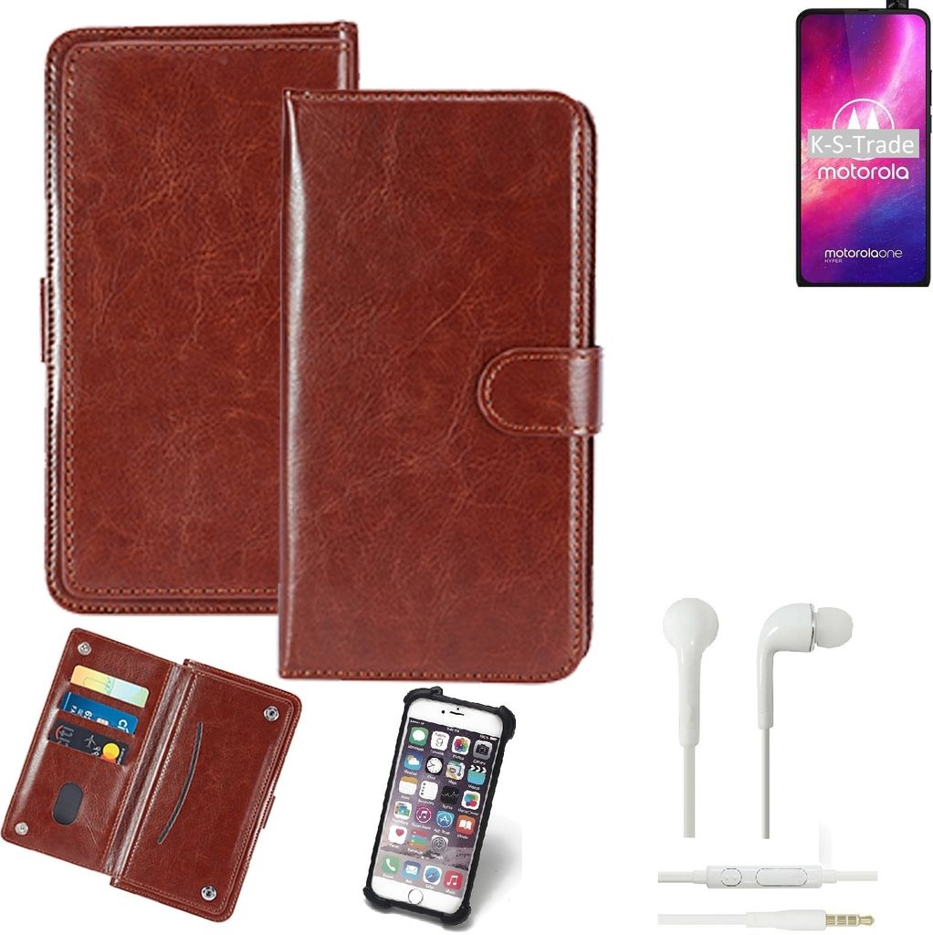 K-S-Trade 360° Hülle kompatibel mit Motorola One Hyper inkl. Headphones braun Kunstleder Case BookCase WalletCase Kunstlederederhülle Handyhülle,