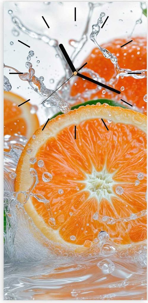 Wanduhr aus Glas mit Motiv Spritzige Orangen- 30 x 60 cm - inkl. Aufhängesystem