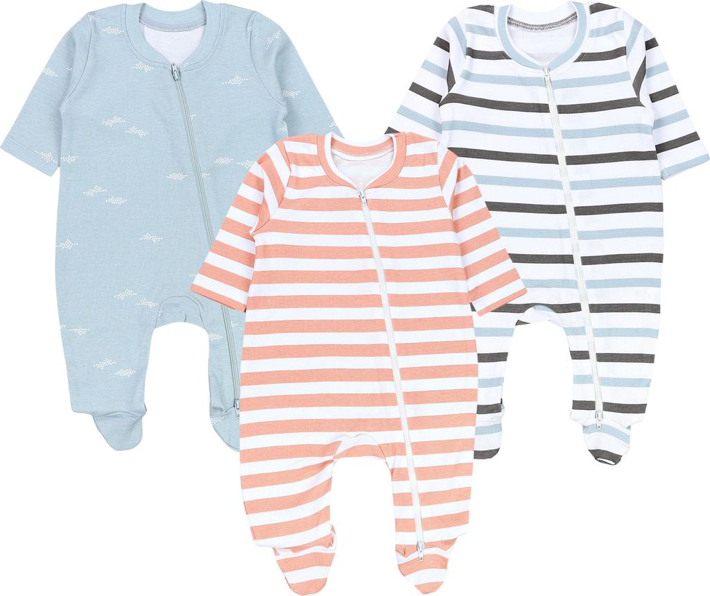 TupTam Baby Unisex Schlafstrampler Mädchen Schlafanzug mit Fuß Jungen Spieler 3er Pack, Farbe: Streifen/Grau, Größe: 92