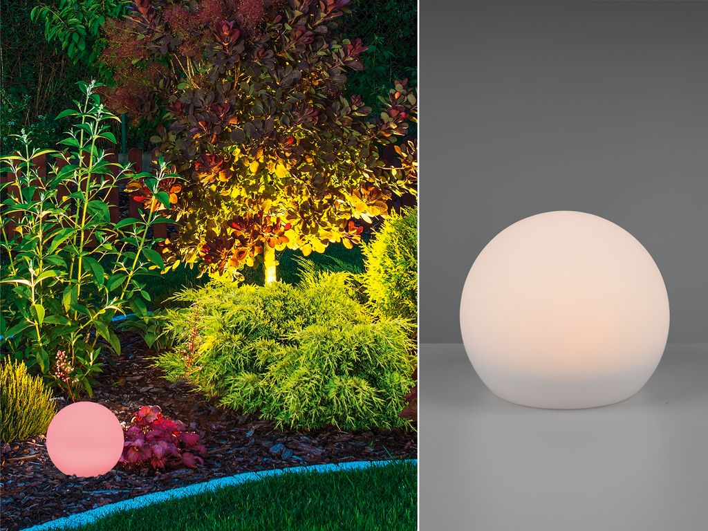 A split image showing a garden illuminated by outdoor lights on the left and a close-up of a spherical outdoor light on the right.