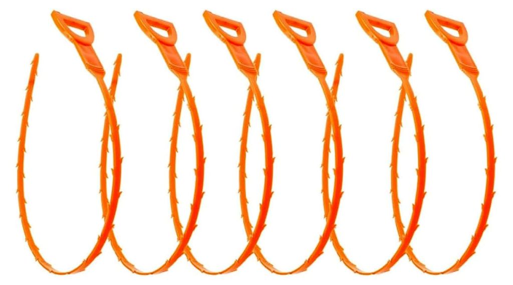 Haarentferner und Abflussreinigungswerkzeug 6-teilig aus Kunststoff in Orange für Haushalt und verstopfte Abflüsse mit Mehrzahn-Design