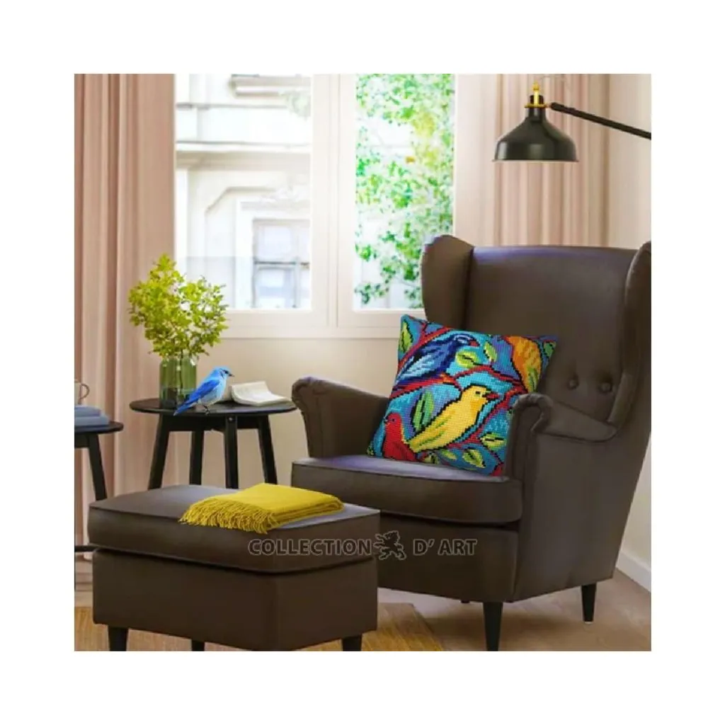 Kit Coussin Point de Croix Facile Oiseaux 40x40cm avec Toile Imprimée