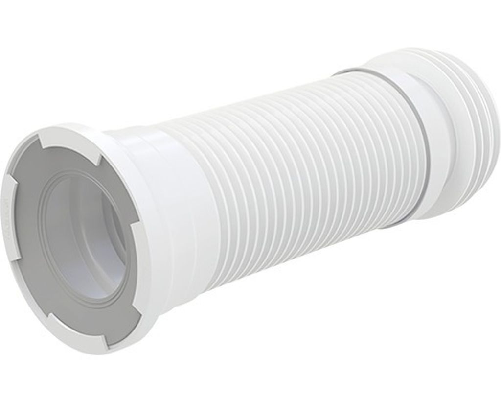 A white flexible pipe connector, likely for plumbing, shown against a white background.