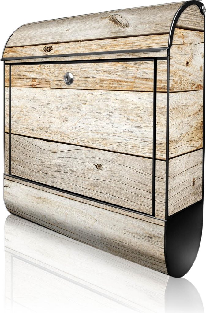 banjado Design Briefkasten Stahl schwarz mit Zeitungsfach pulverbeschichtet "Graues Holz" 38x46x12,5cm & 2 Schlüssel - Postkasten A4 Einwurf inkl....
