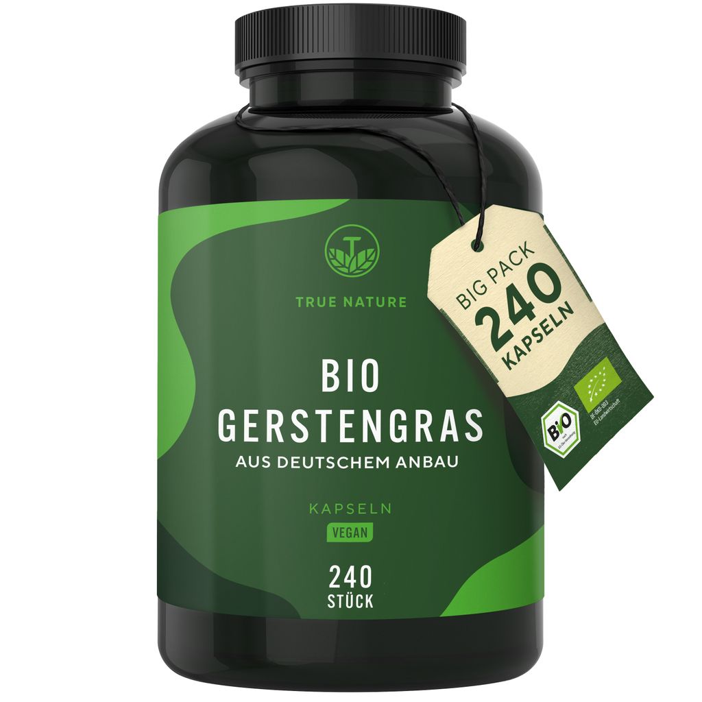 Gerstengras Kapseln - 240 Kapseln (500mg) - Hochdosiert: 3.000mg pro Tagesdosis - Vegan & Deutscher Anbau - TRUE NATURE