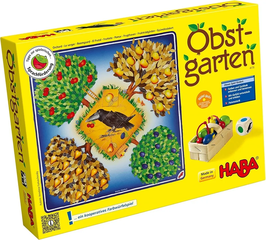 Jeu de société coopératif Le Verger HABA avec fruits en bois véritable