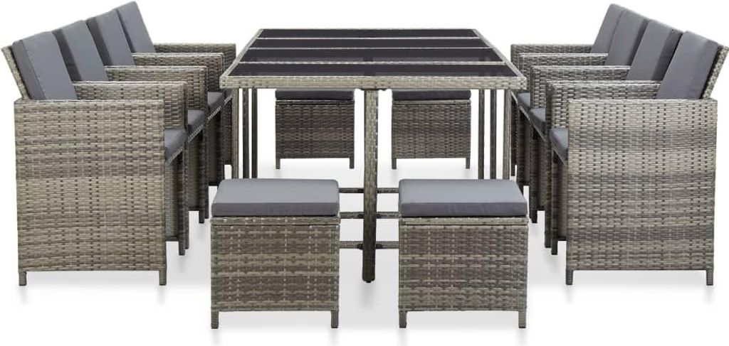 vidaXL 13-tlg. Garten-Essgruppe mit Auflagen Poly Rattan Grau