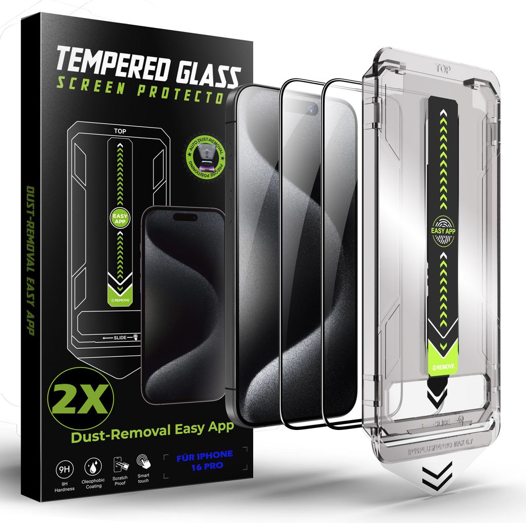 A product shot of an iPhone 16 Pro screen protector packaging, showing the box, multiple screen protectors, and an application tool.