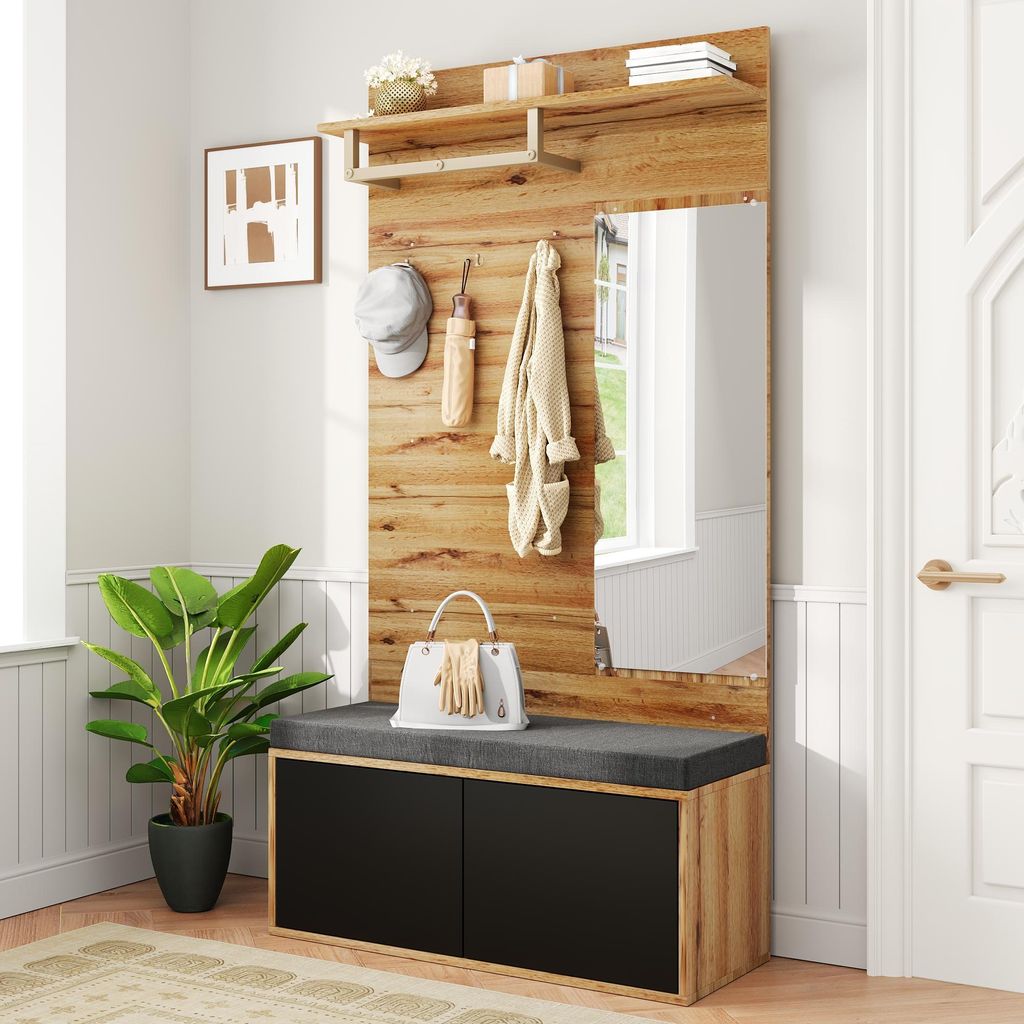 okwish Garderobenset Flurschrank mit Soft-Close-Funktion und offene Ablagefächer,Flur- und Dielengarderobenpaneele mit Kleiderstange und Haken,Natur