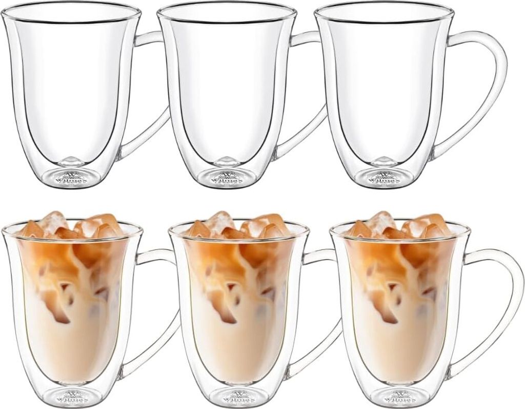 Wilmax Thermogläser mit Henkel - 6er Set - 250 ml - Doppelwandige Gläser für Wasser, Tee, Kaffee - Gläser für Tee und Kaffee - Becher für Hei...