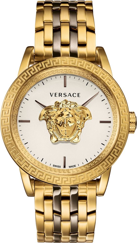 A close-up studio shot of a gold Versace watch with a white face.