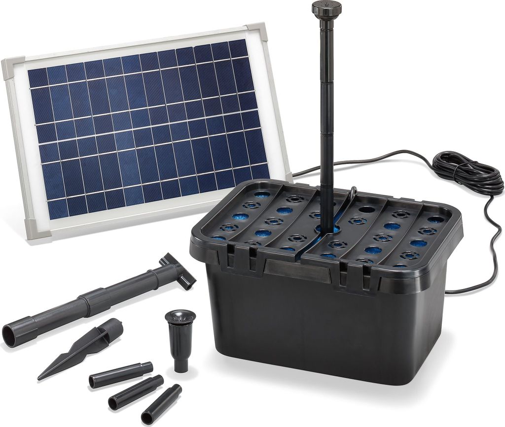 A solar-powered pond filter system with its components laid out on a white background.