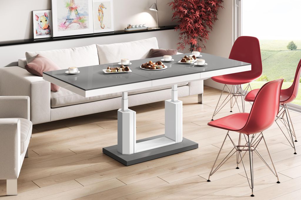 Design Couchtisch Tisch H-120 Hochglanz stufenlos höhenverstellbar ausziehbar Esstisch