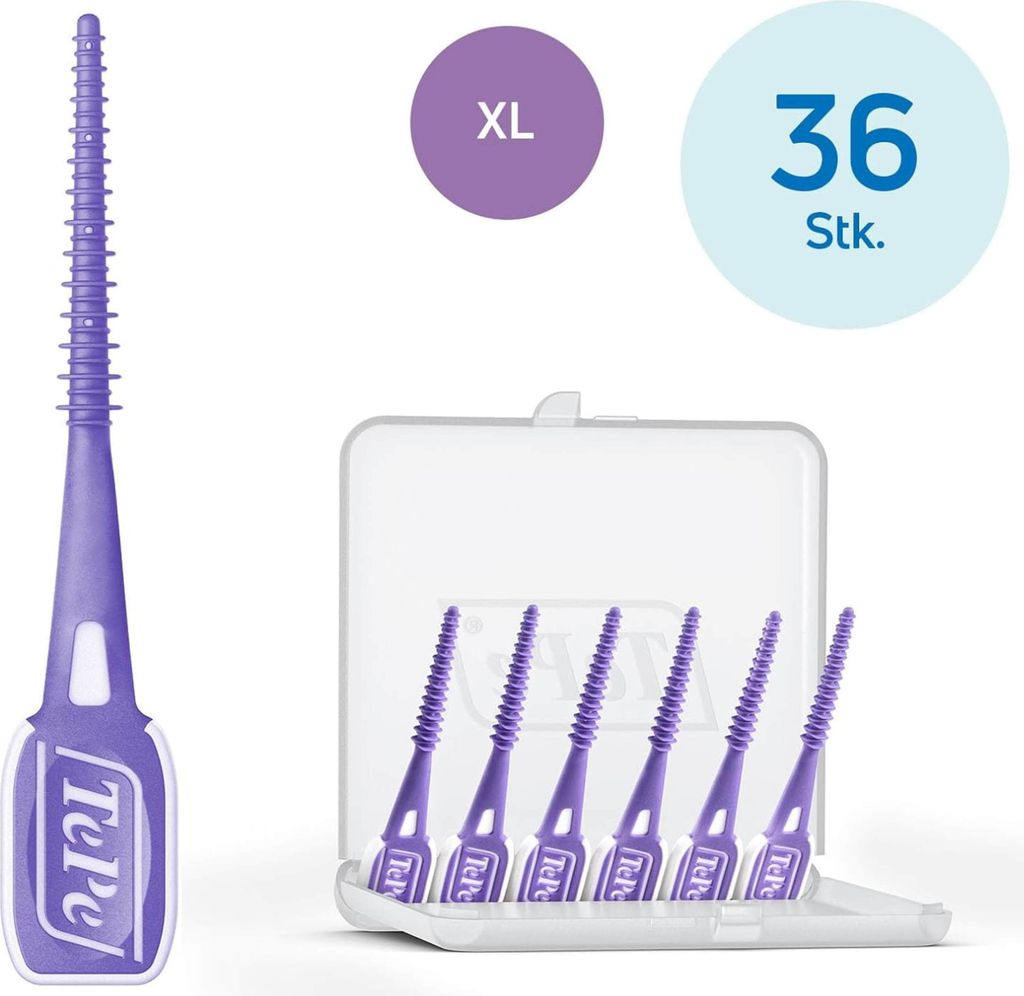 A product shot of Tepe Easypick interdental brushes, with a single brush on the left and a case of six brushes on the right, along with size and quantity information.