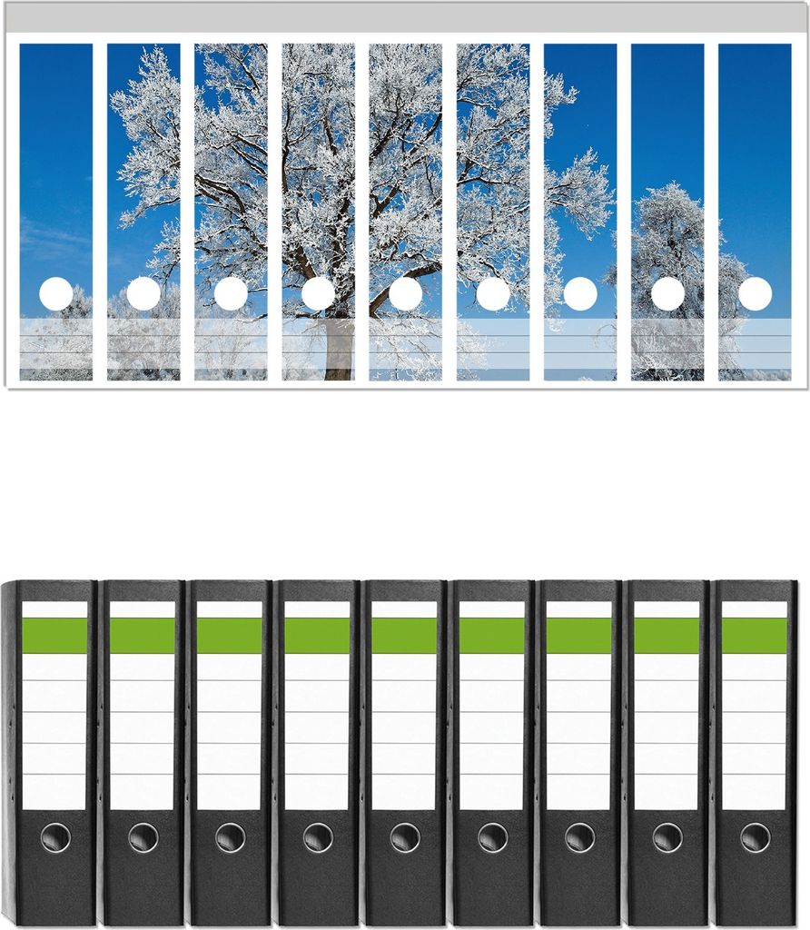 Wallario 9 Stück breite Ordner inkl. Klebeetiketten mit Motive Schneebedeckter Baum mit blauen Himmel - Set mit Rückenschildern / Ordnerrücken ...