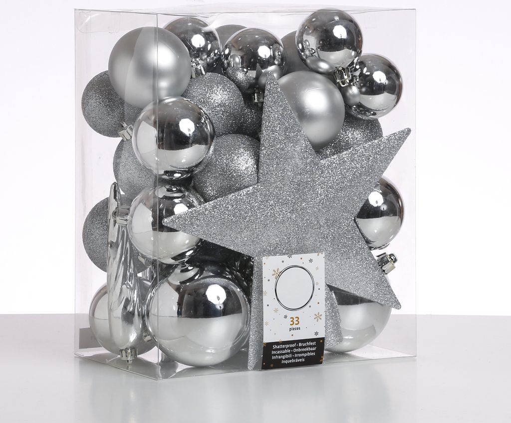 Christbaumkugel - Weihnachtsbaumkugel - bruchfest - glänzend, matt und glitzernd - silber - 33er Set