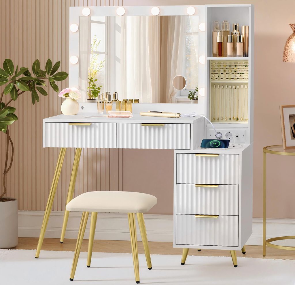 VASAGLE Schminktisch mit 10x Vergrößerungsspiegel, LED-Leuchten, Schmucktablett, Ladestation